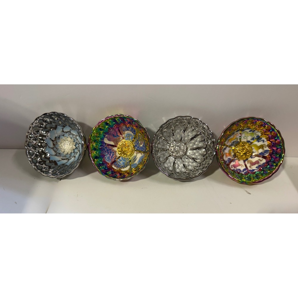 Set of 4 Iridescent Rainbow and Silver Oriental Tea Bowls Horse Dragon Lotus